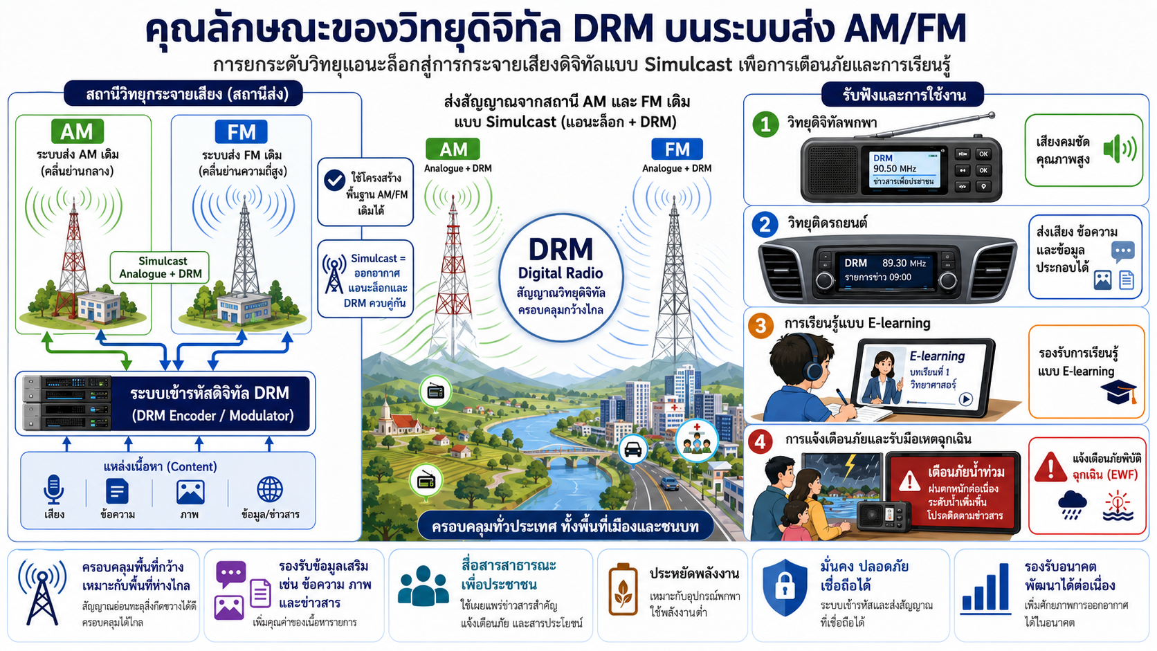 แผนภาพระบบ AM/FM Simulcast กับ DRM แสดงสถานี เครื่องเข้ารหัส แหล่งเนื้อหาและเครื่องรับ