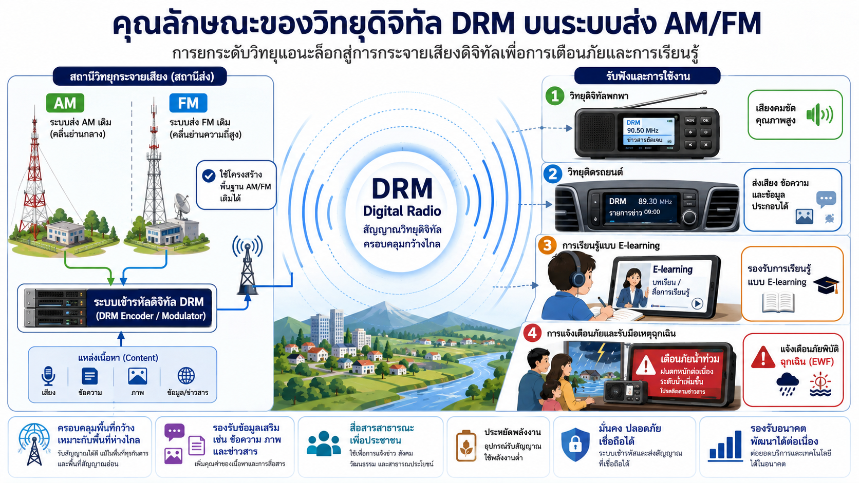 แผนภาพตัวอย่างกระบวนการเตือนภัย ตั้งแต่หน่วยงานเตือนภัย สถานีวิทยุ ไปจนถึงเครื่องรับ